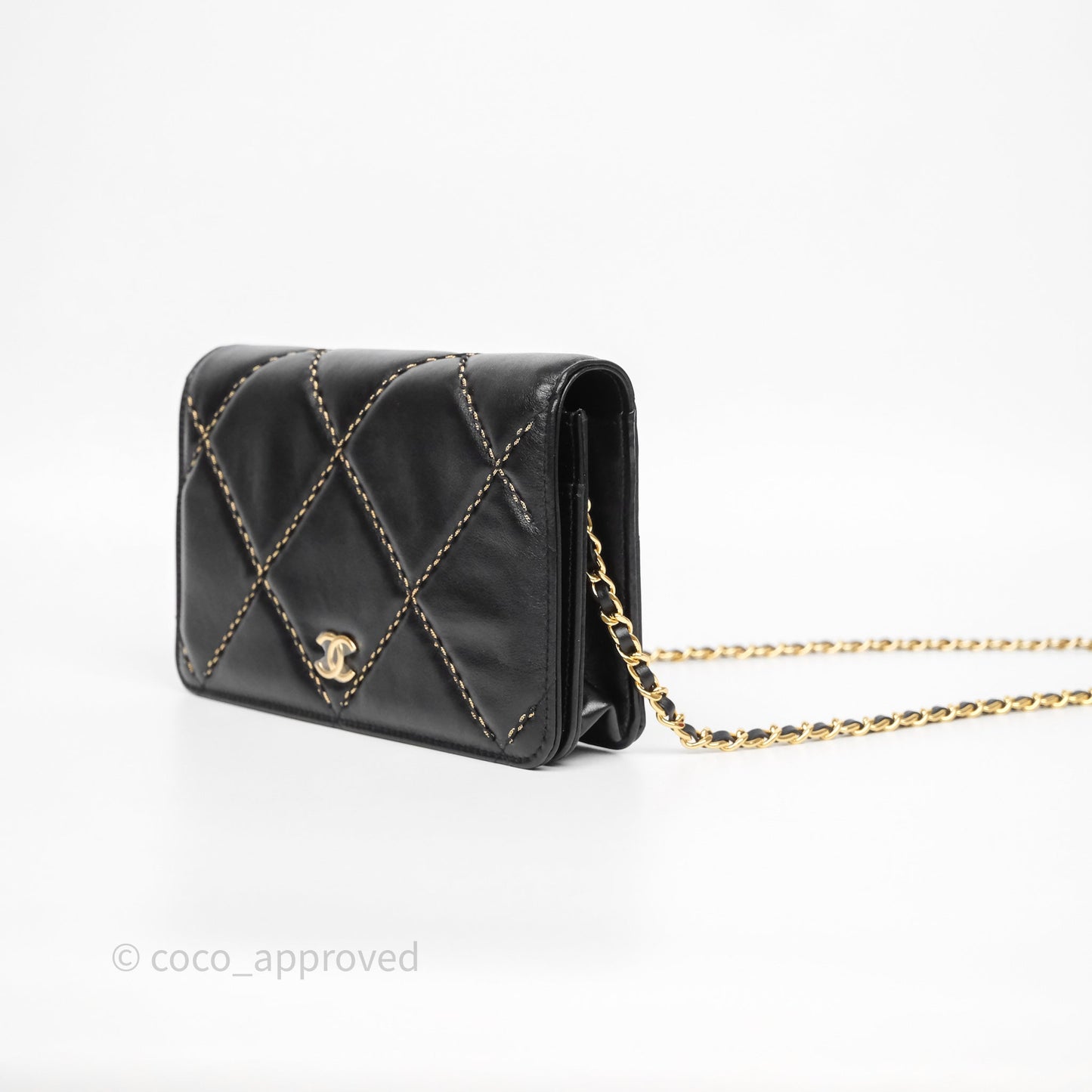 Chanel Quilted Wallet on Chain WOC Stitching Black Calfskin Gold Hardware