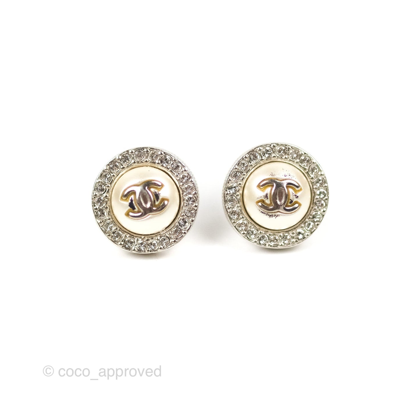 Chanel Round Crystal CC Earrings Silver Tone 18P