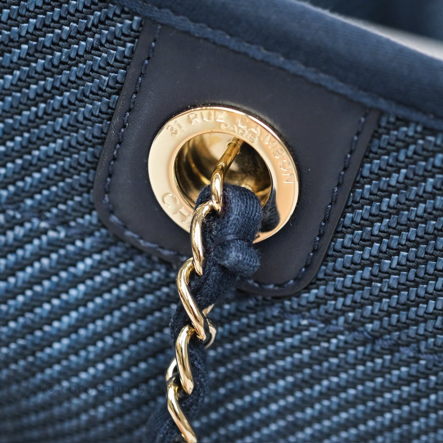 Chanel Medium Deauville Tote Navy Raffia Gold Hardware