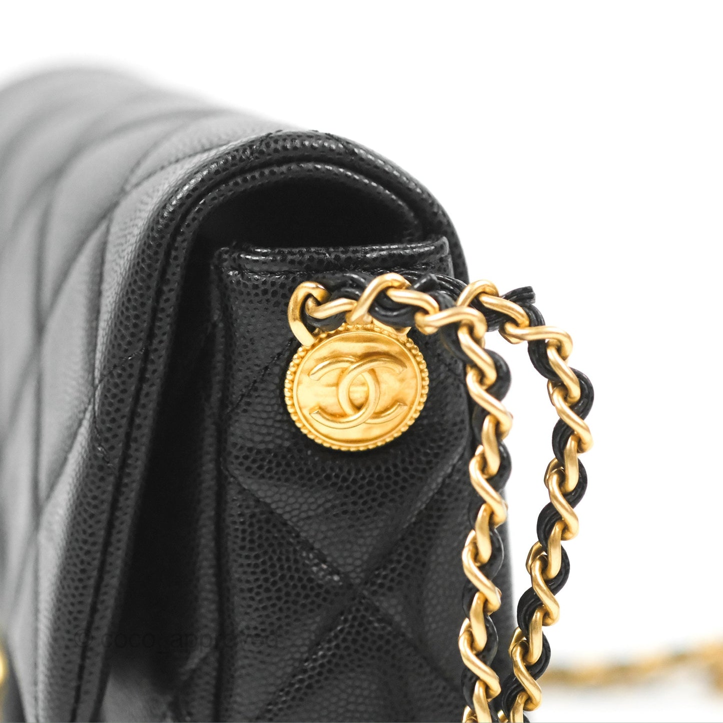Chanel Small Flap with Coin Charm Black Caviar Aged Gold Hardware 22A