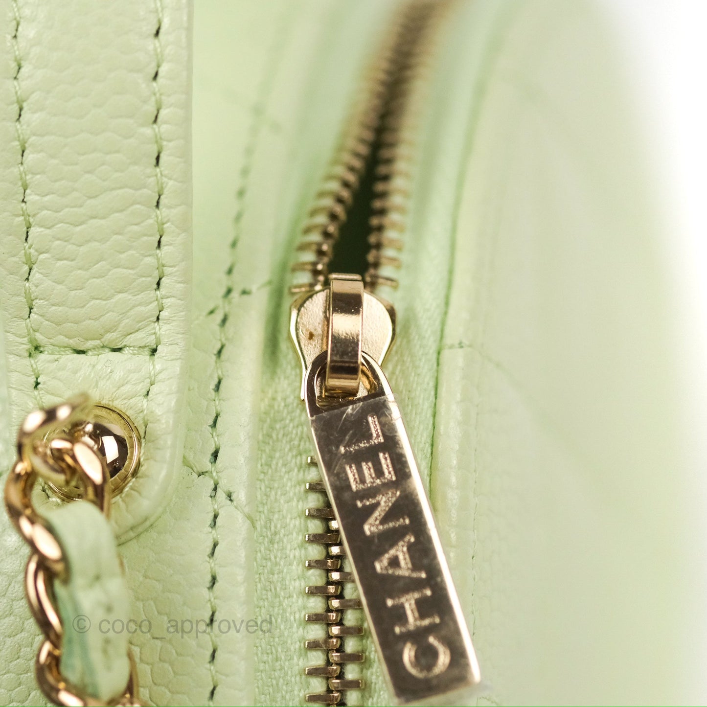Chanel Mini Round Vanity Bag Handle With Care Light Green Caviar 22C