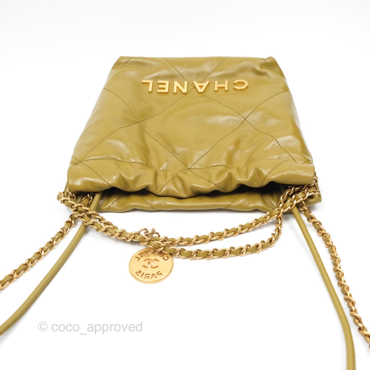 Chanel 22 Mini Bag Olive Shiny Crumpled Calfskin Aged Gold Hardware