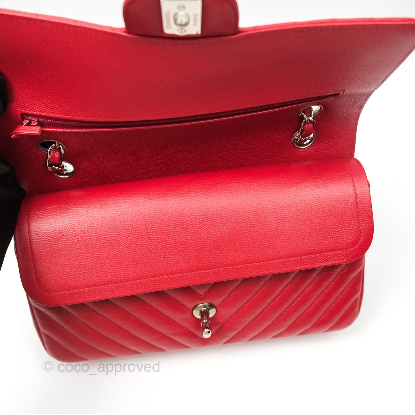 Chanel Medium Classic Flap Chevron Red Caviar Silver Hardware