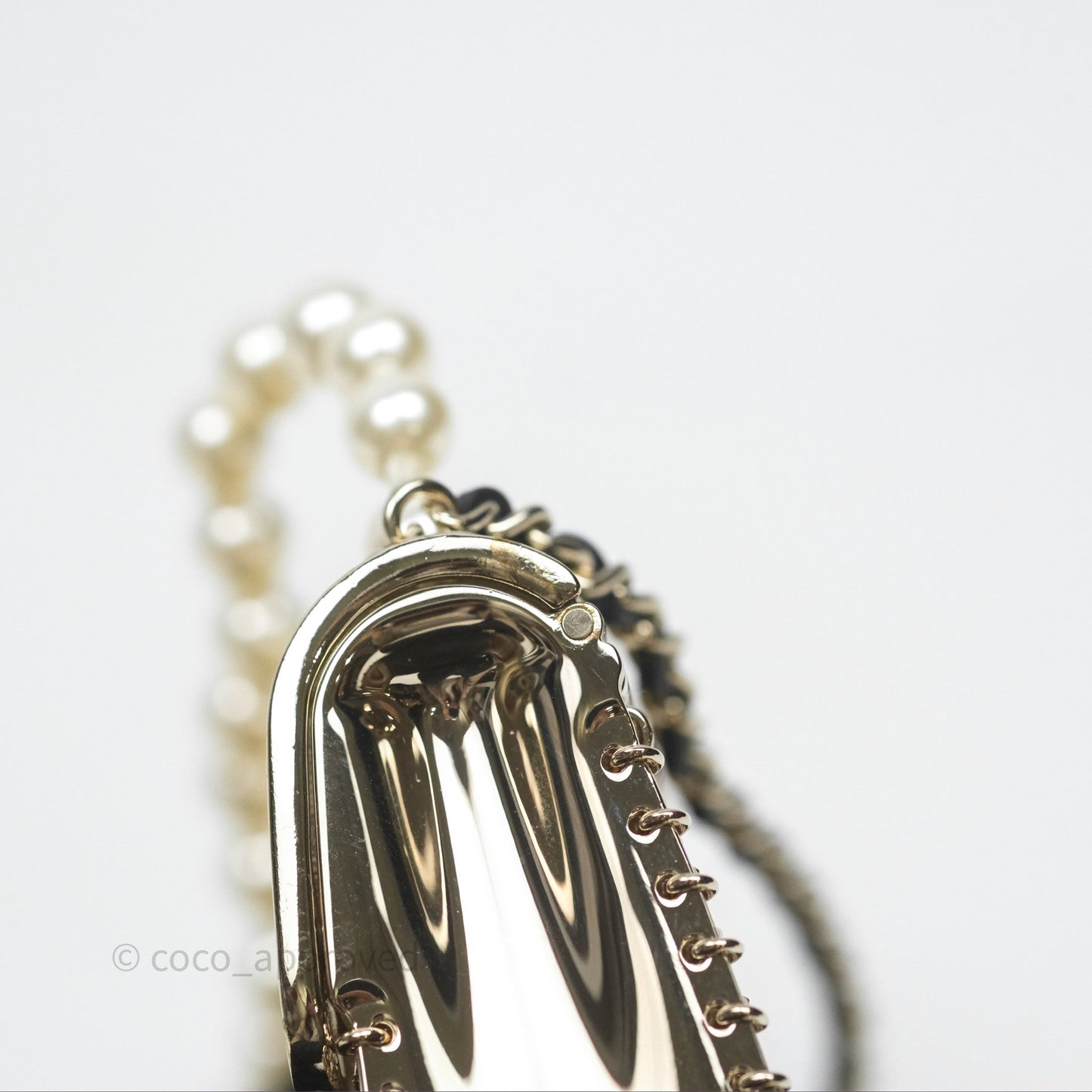 Chanel Flap Bag Charm Pearl Chain Black Leather Long Necklace Gold Tone 21S
