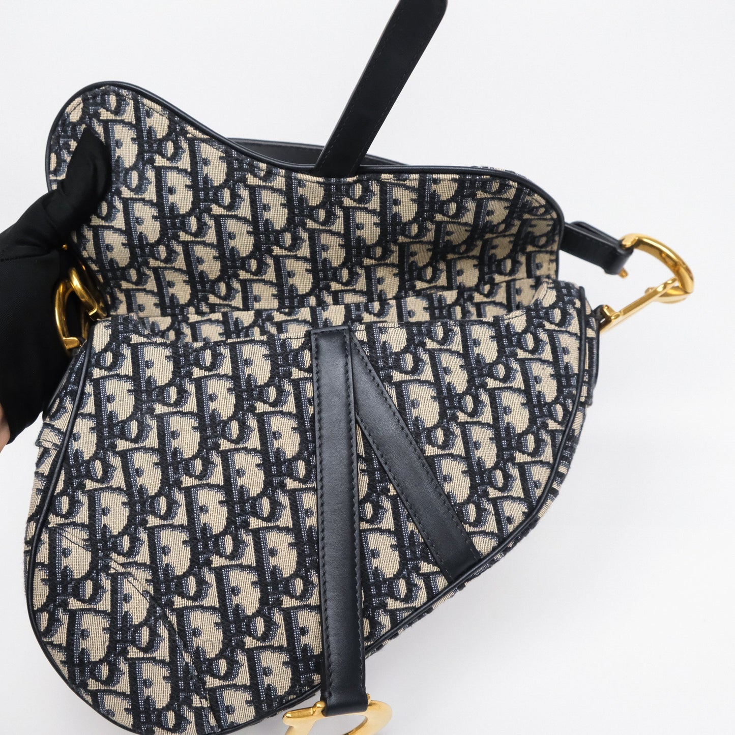 Dior Saddle Bag Navy Dior Oblique Embroidery Aged Gold Hardware