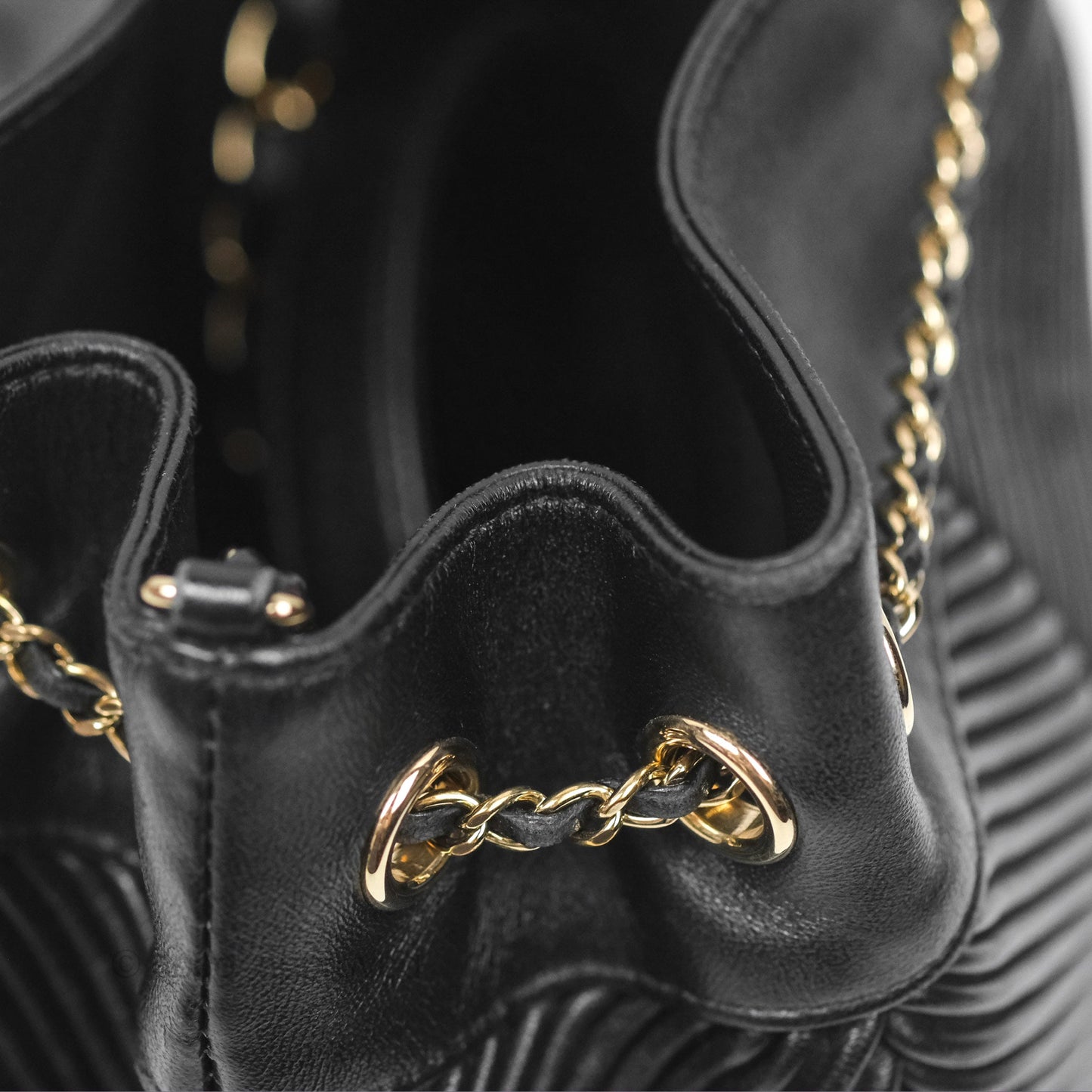 Chanel CC Chain Drawstring Bucket Bag Chevron Black Lambskin Gold Hardware