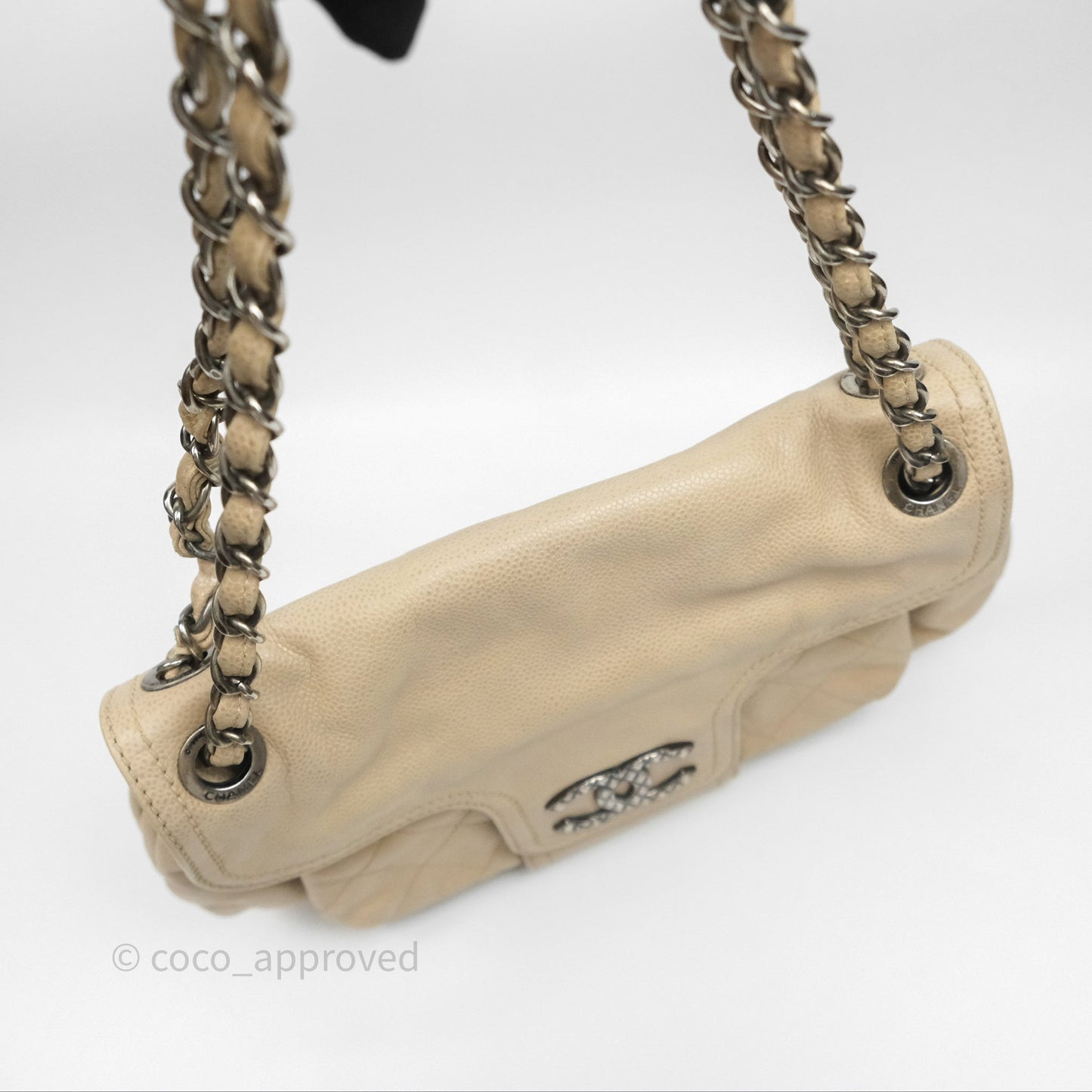 Chanel Quilted Coco Rider Hobo Bag Beige Caviar Ruthenium Hardware