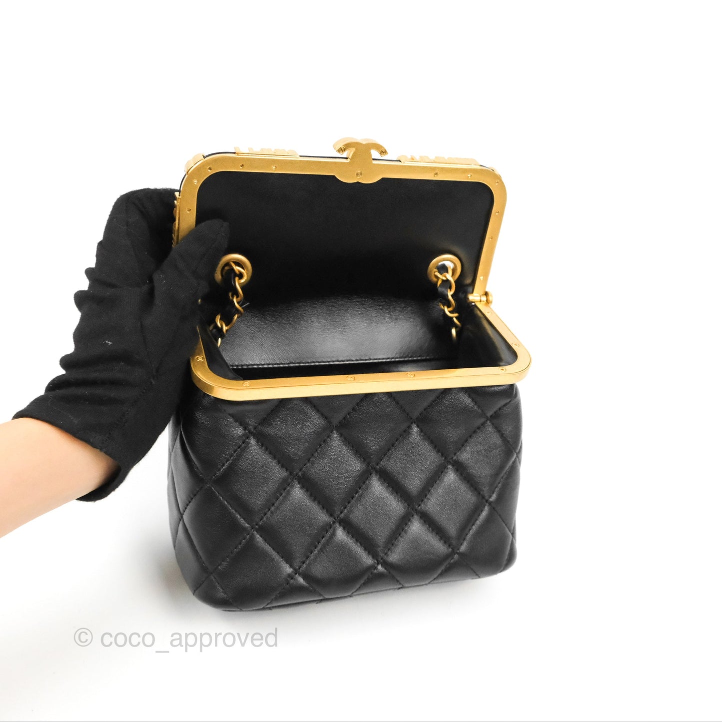 Chanel Logo Crystal Kiss-lock Vanity with Chain Black Lambskin 23C
