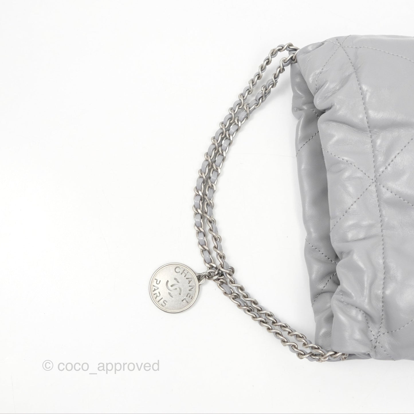 Chanel 22 Mini Bag Light Grey Shiny Crumpled Calfskin Matte Silver Hardware