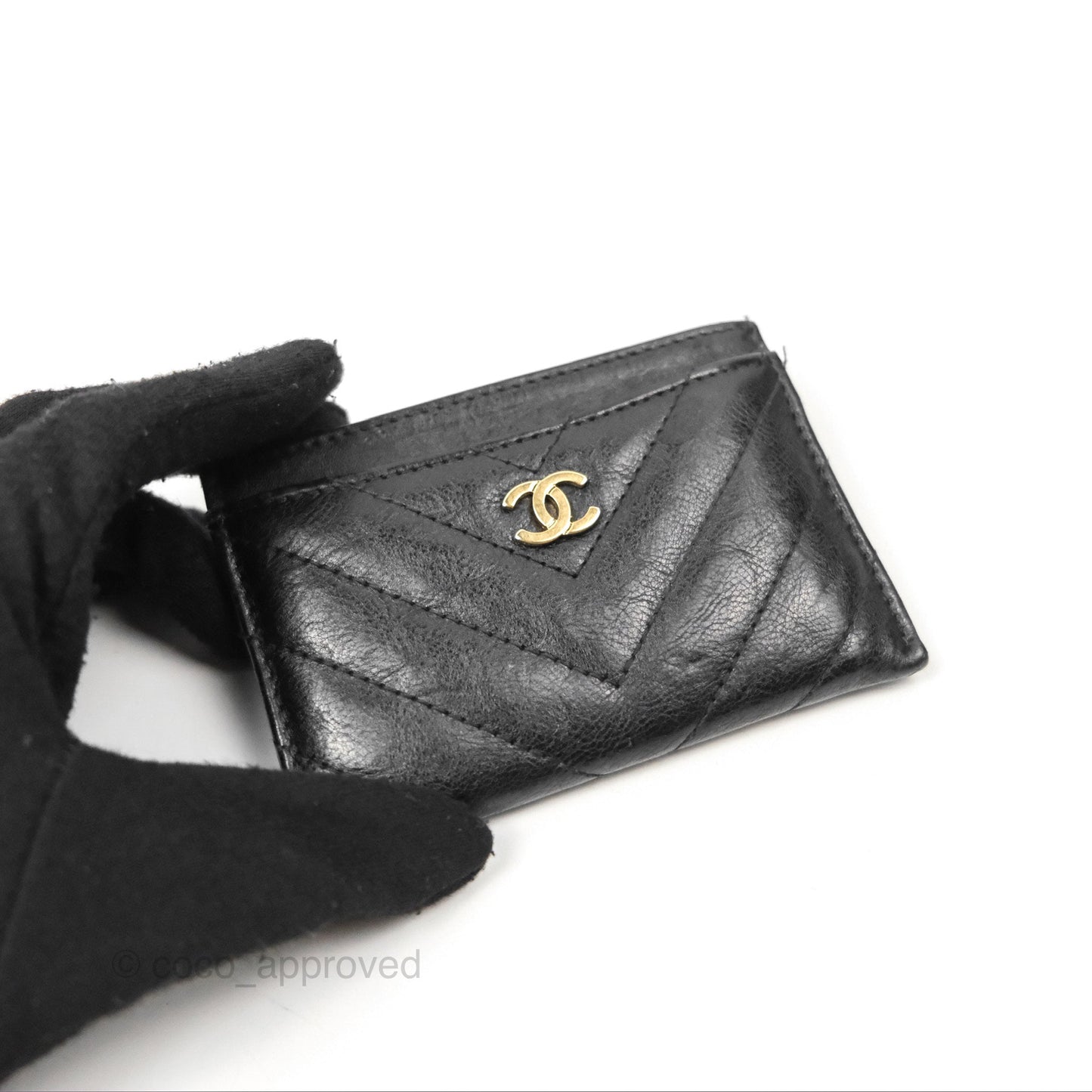 Chanel Classic Flat Card Holder Chevron Black Calfskin Gold Hardware