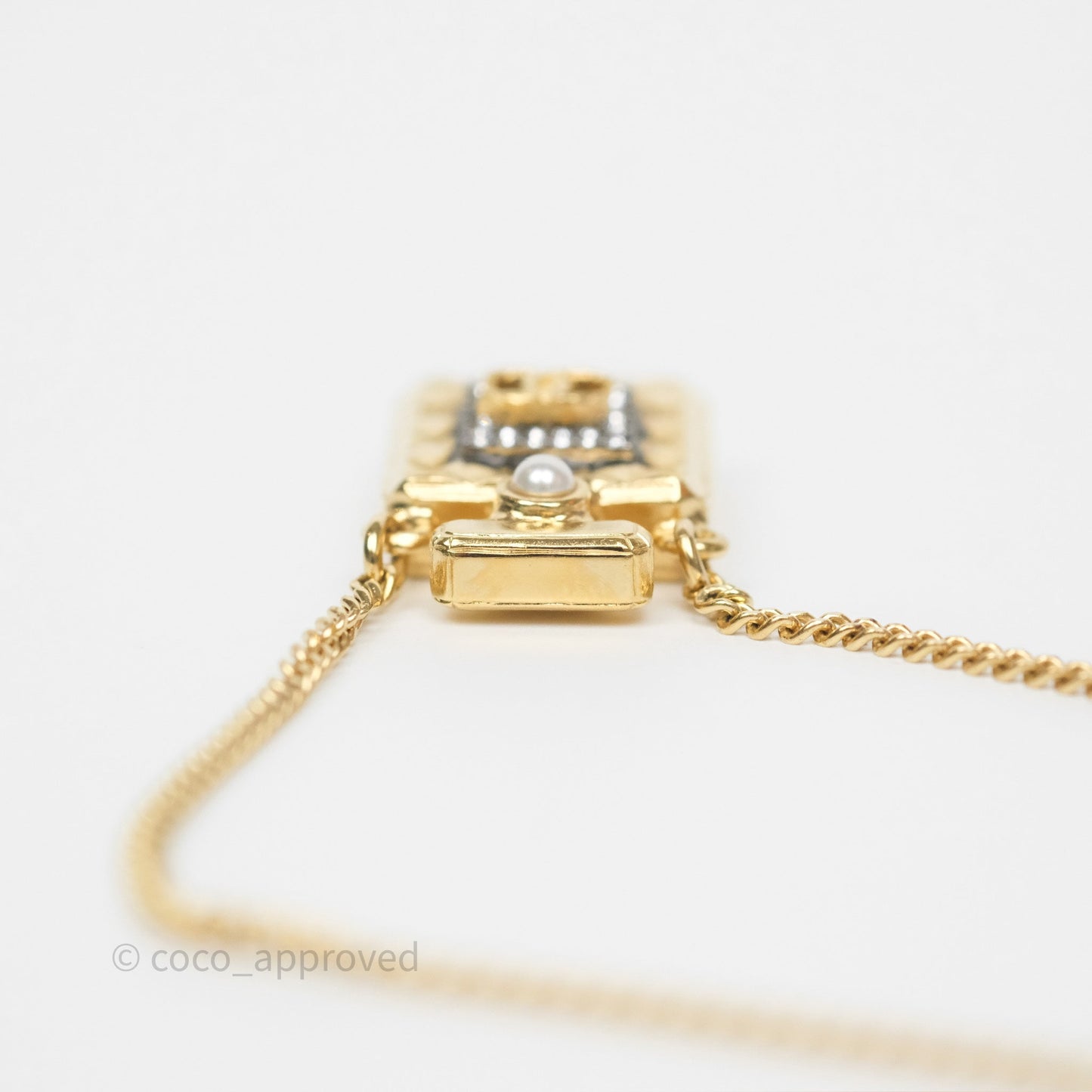 Chanel CC Perfume Bottle Rhinestone Necklace Gold Tone 21V