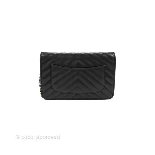 Chanel Classic Chevron Wallet on Chain WOC Black Lambskin Silver Hardware