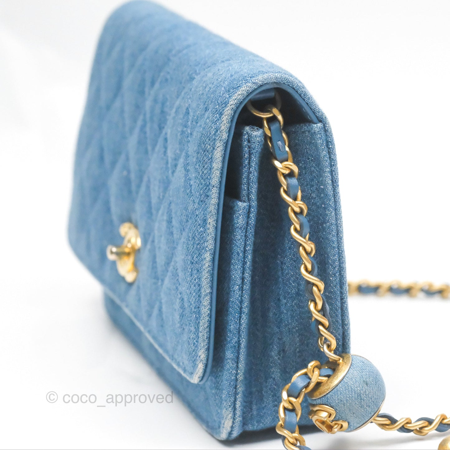 Chanel Quilted Pearl Crush Wallet on Chain WOC Denim Aged Gold Hardware