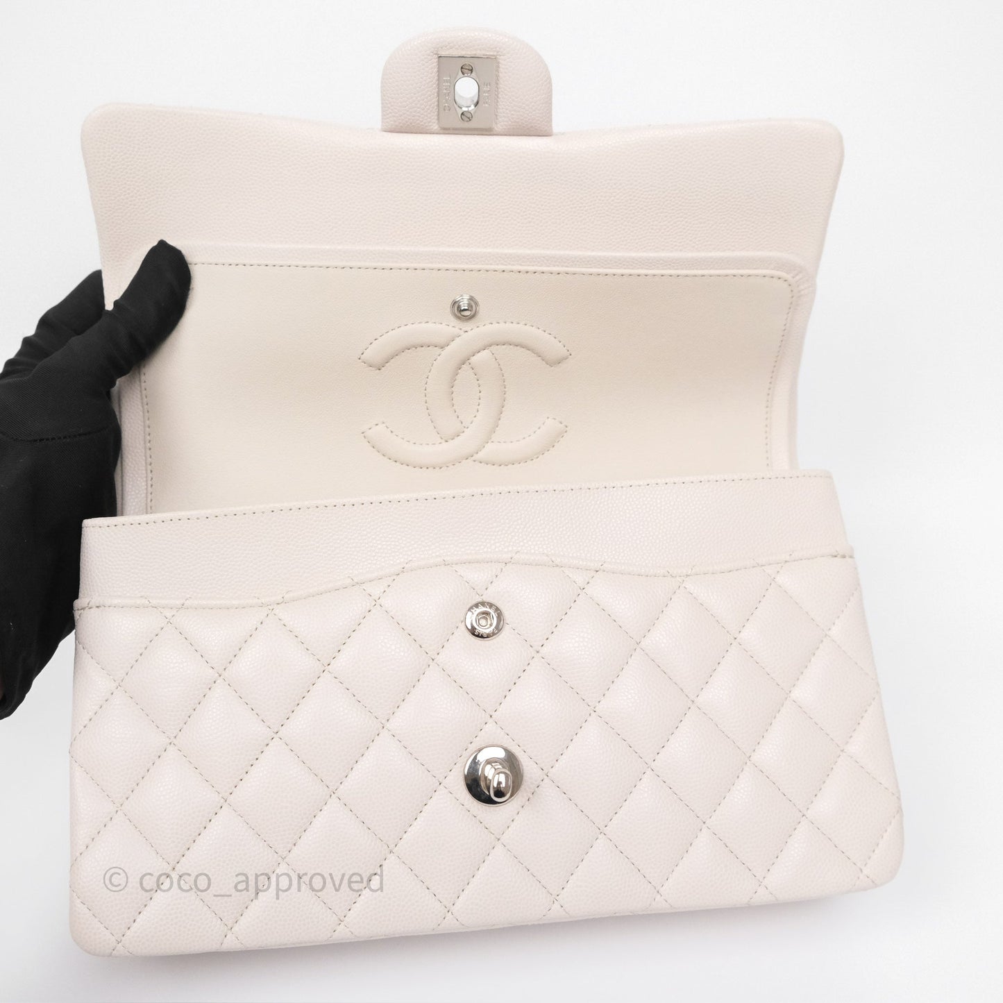 Chanel Classic M/L Medium Flap Quilted Stone Ivory Caviar Silver Hardware