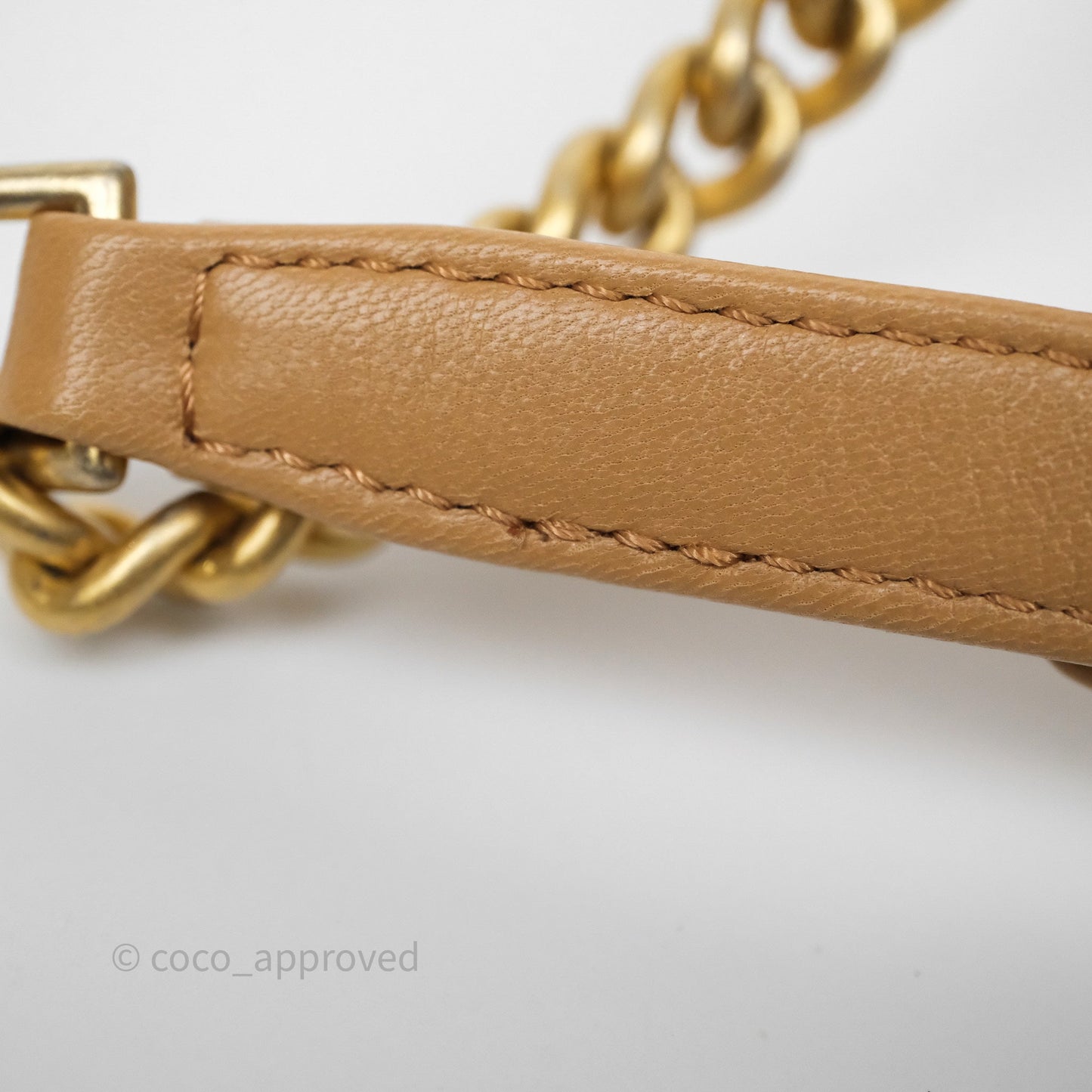Chanel Small Coco Luxe Flap Bag Caramel Beige Calfskin Aged Gold Hardware