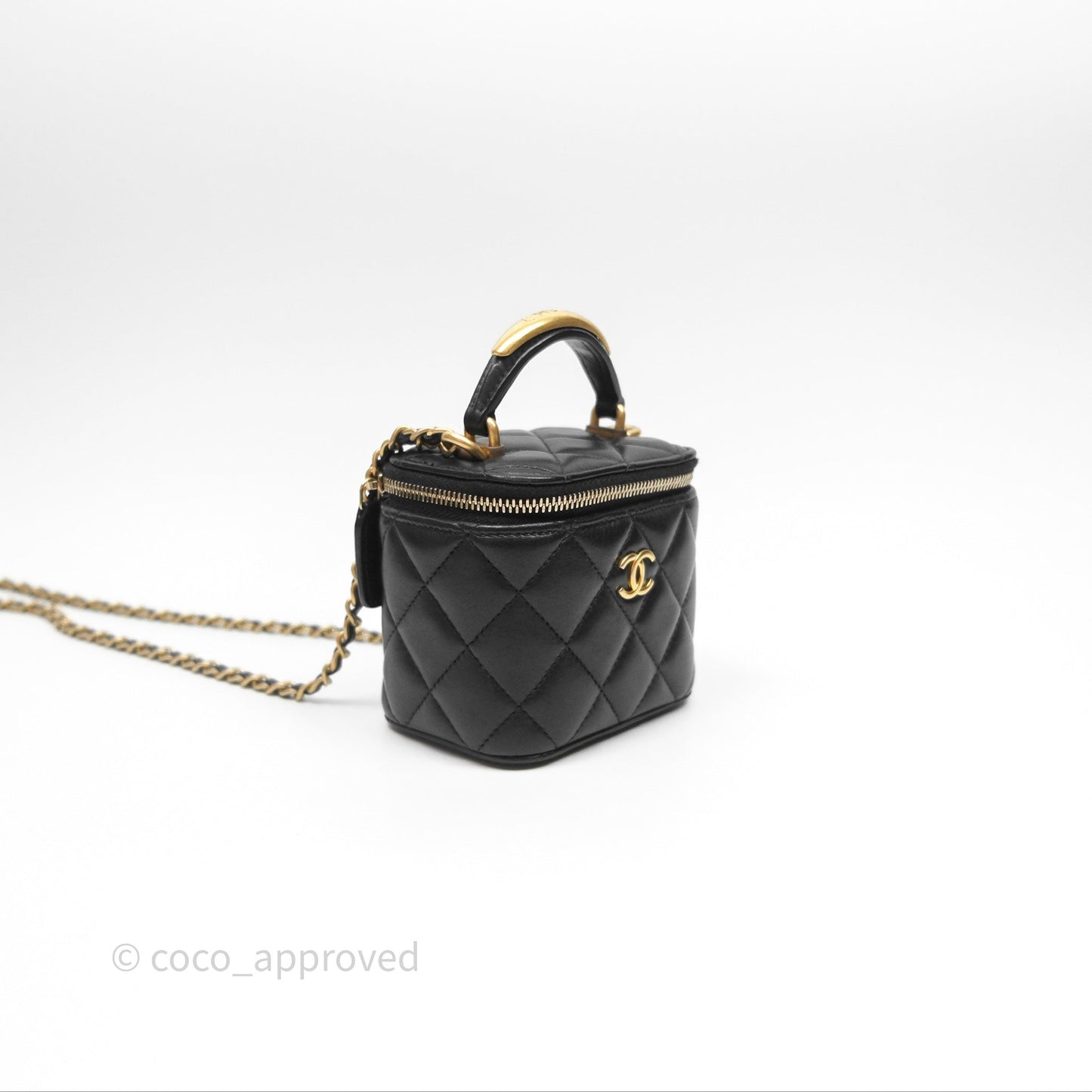 Chanel Mini Metal Top Handle Vanity With Chain Black Lambskin Aged Gold Hardware