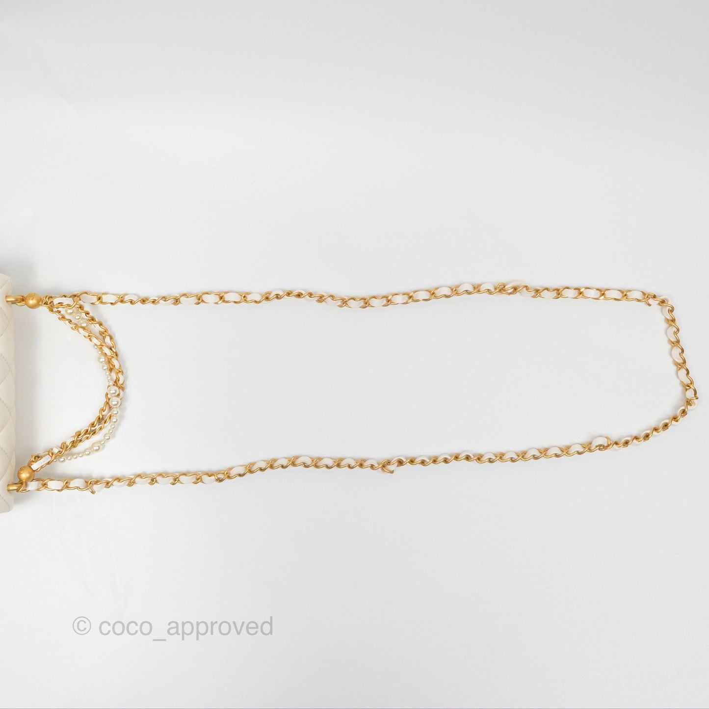 Chanel Pearl Chain Mini Flap Bag White Lambskin Aged Gold Hardware 24P