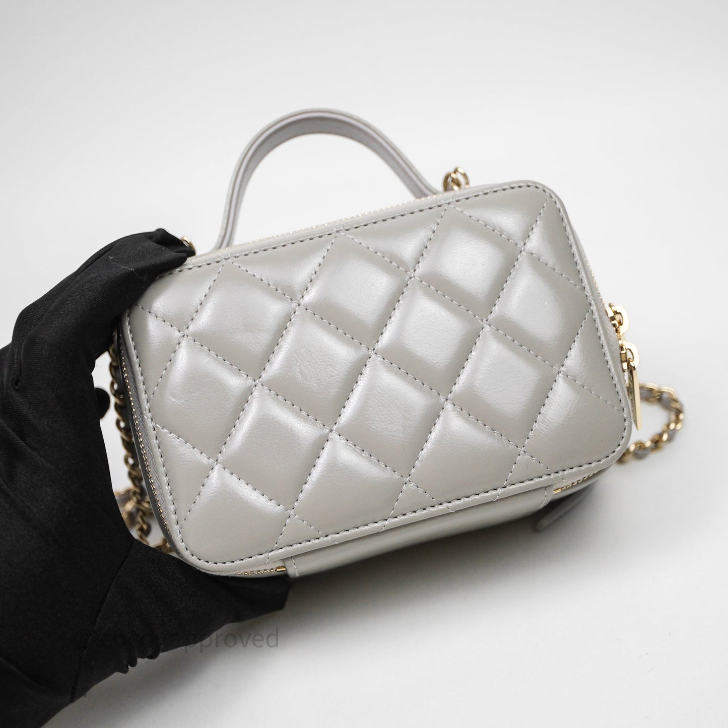 Chanel Mini Top Handle Camera Case Grey Shiny Calfskin Gold Hardware 22B