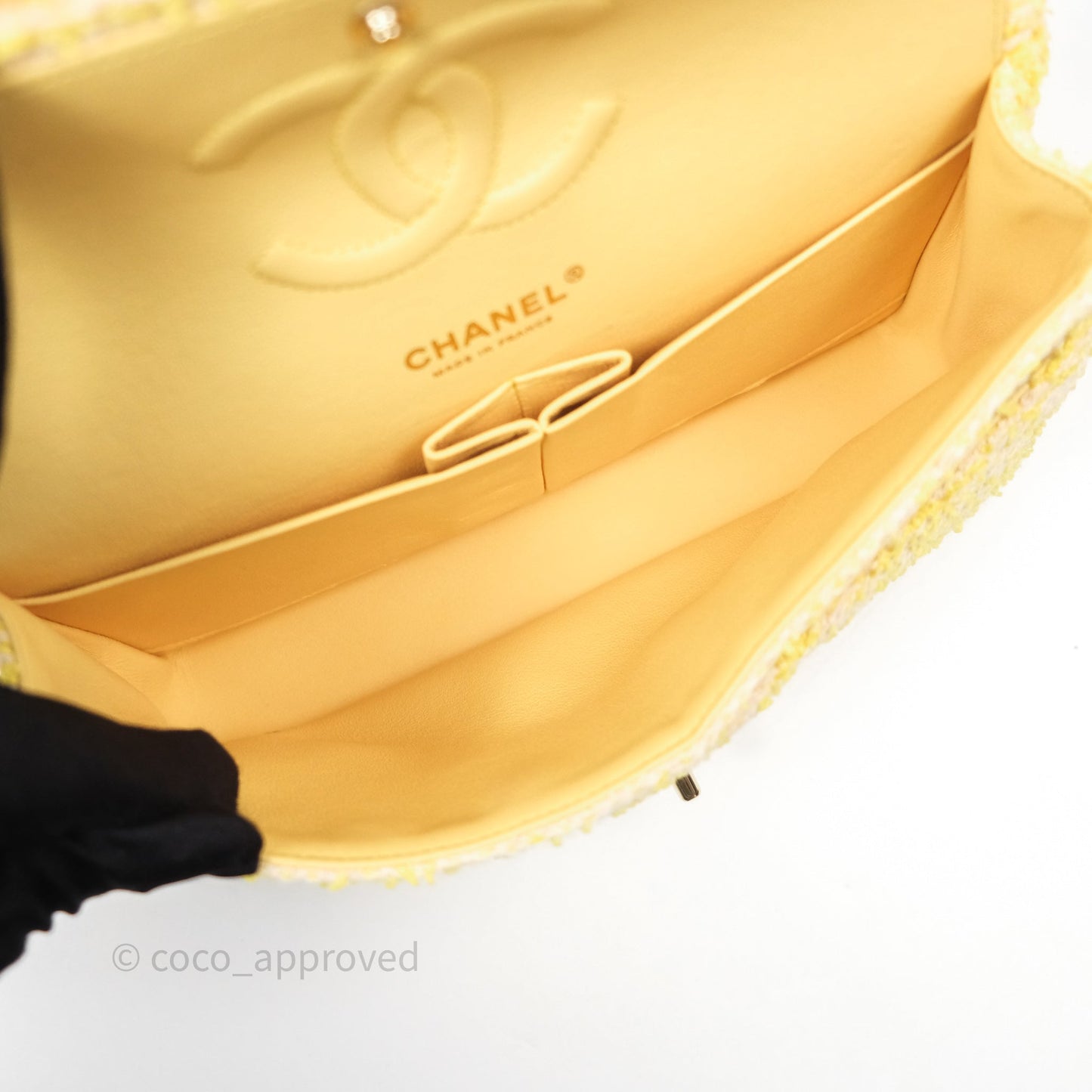 Chanel Classic M/L Medium Flap Quilted Yellow Tweed Gold Hardware