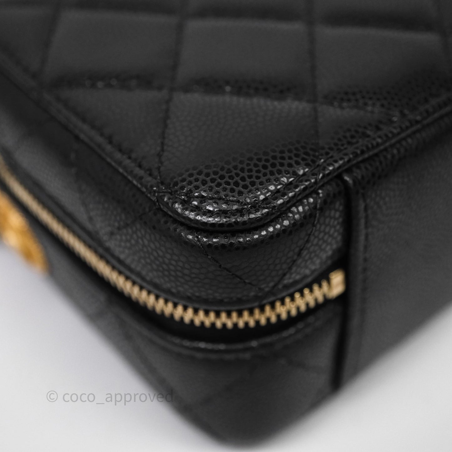 Chanel Quilted CC Coins Purse Chain Camera Case Black Caviar Aged Gold Hardware