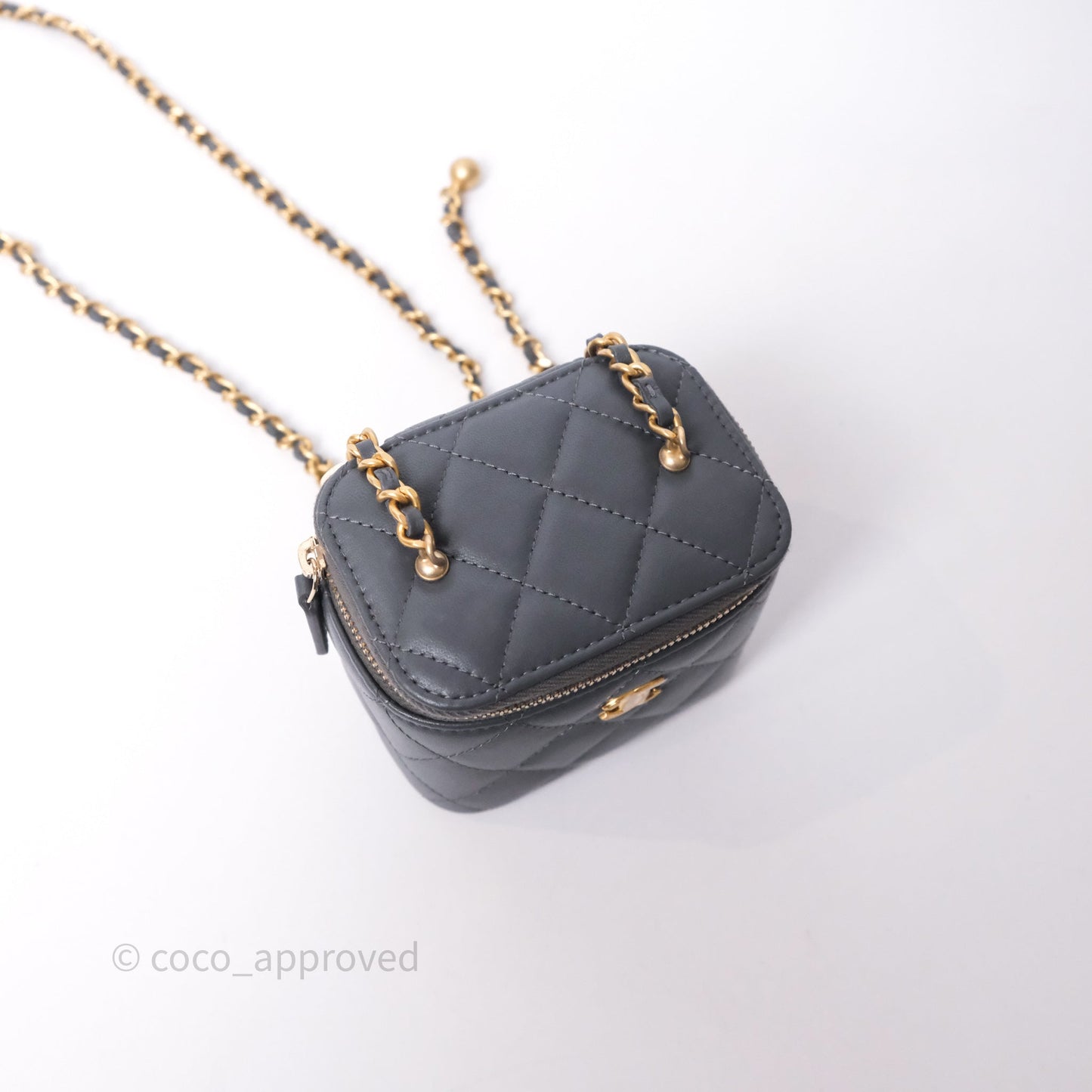 Chanel Mini Vanity Pearl Crush With Chain Dark Grey Lambskin Aged Gold Hardware