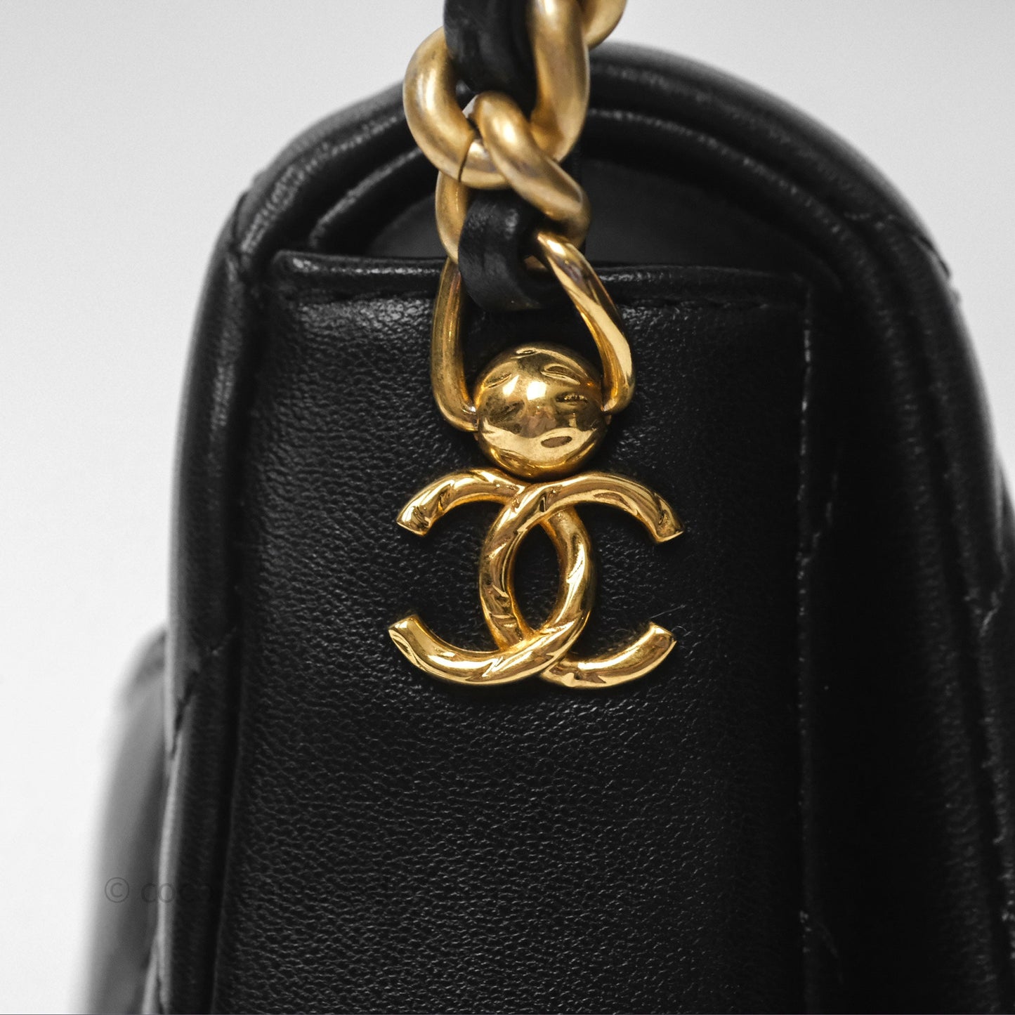 Chanel Logo Mini Square Flap Bag Black Lambskin Aged Gold Hardware 21B