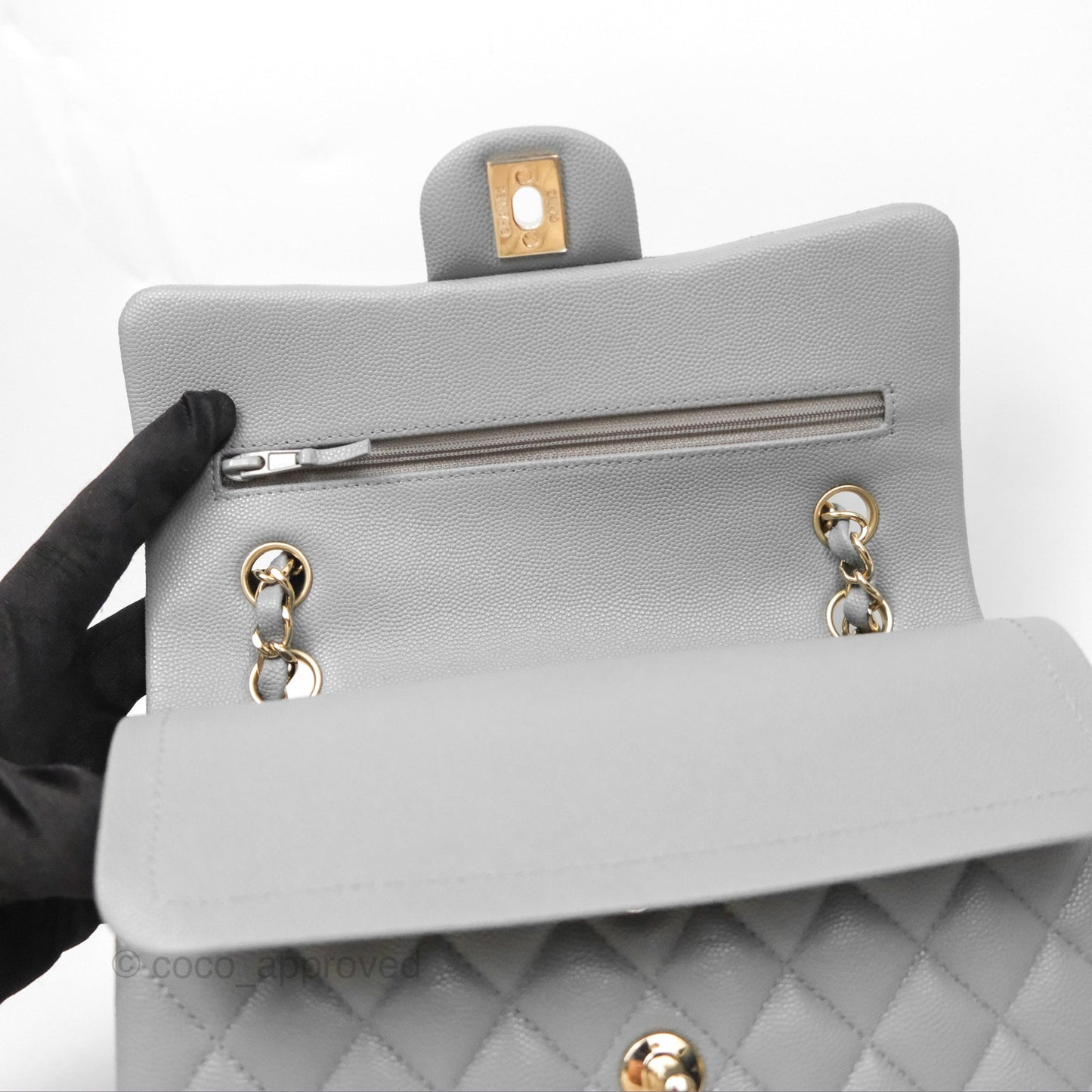Chanel Small Classic Quilted Flap Grey Caviar Gold Hardware