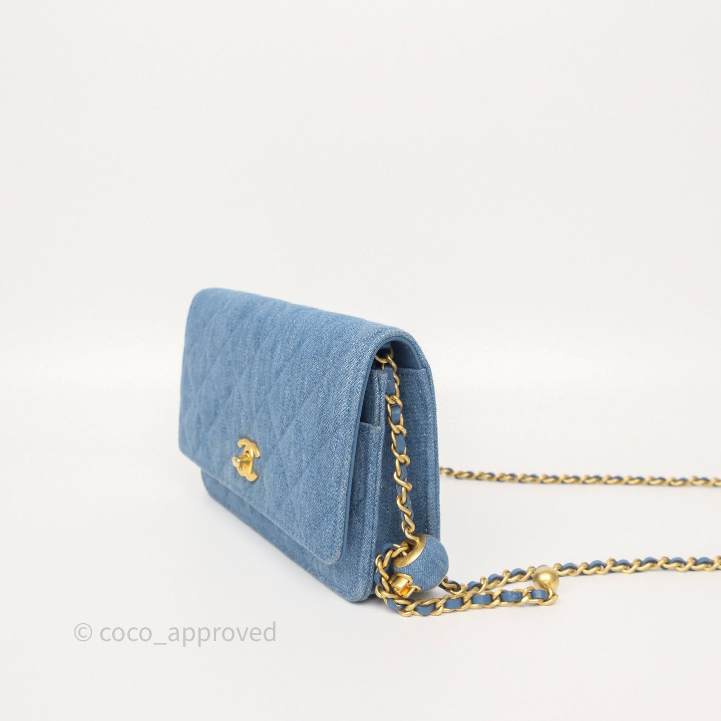 Chanel Quilted Pearl Crush Wallet on Chain WOC Denim Aged Gold Hardware
