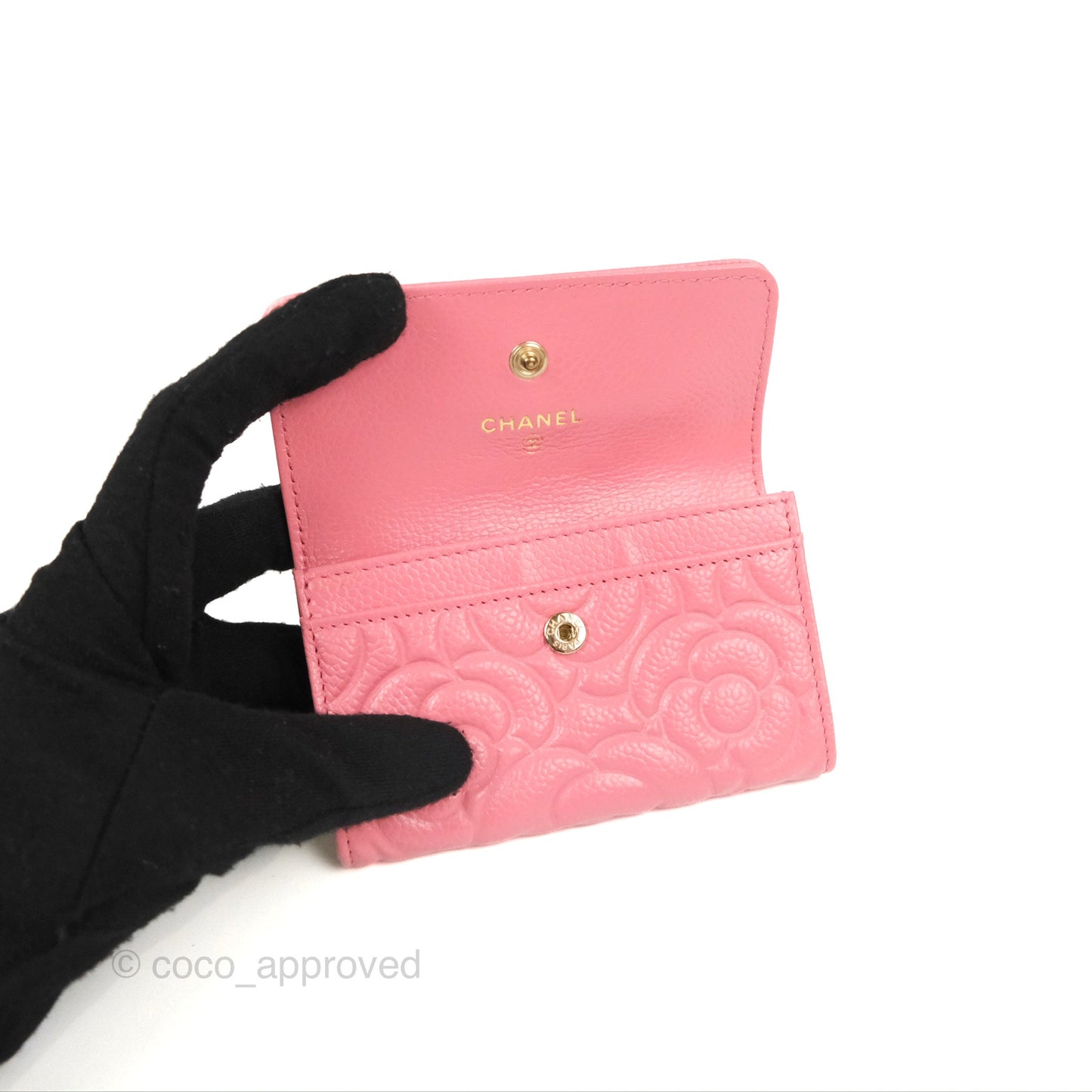 Chanel Camellia Card Holder Pink Caviar Gold Hardware
