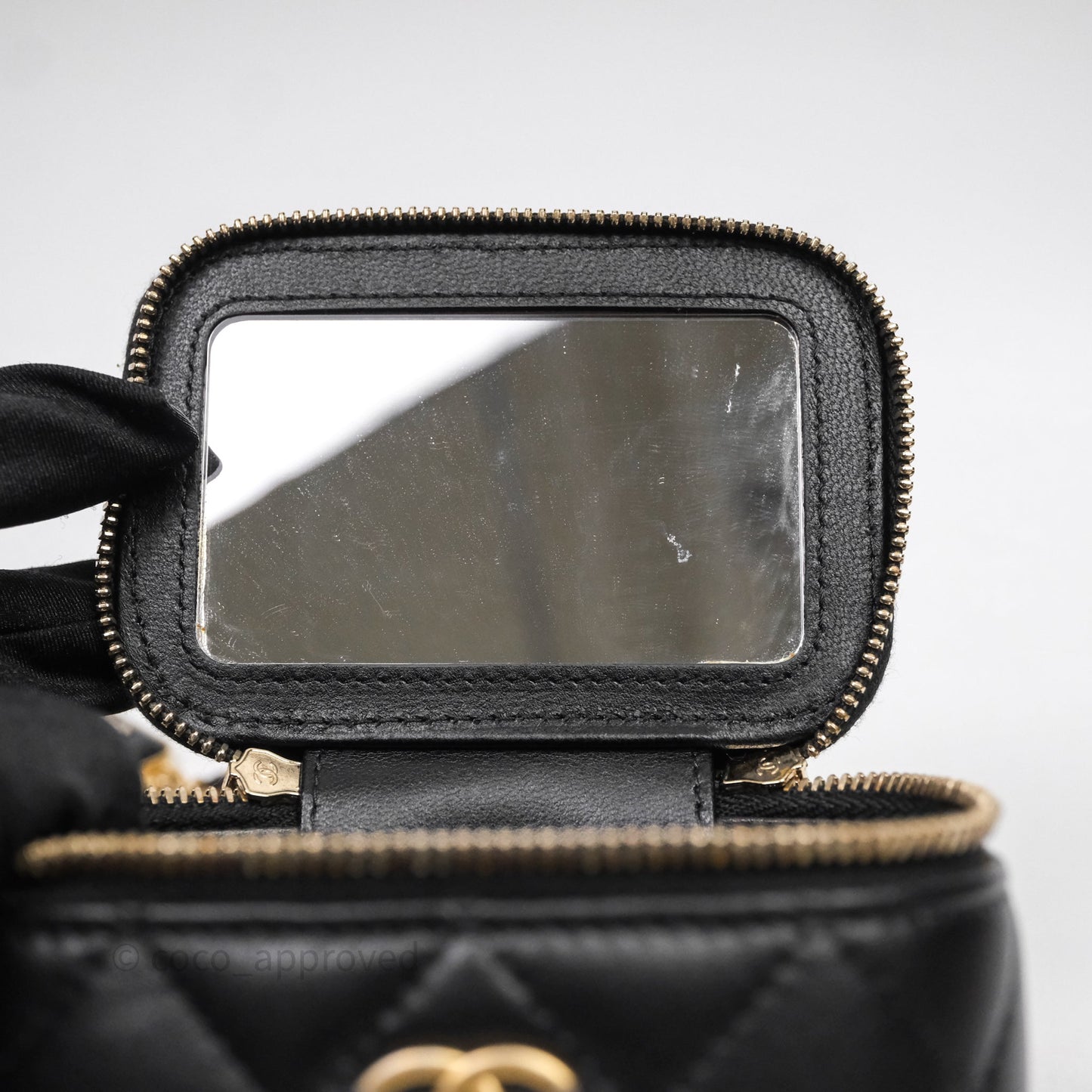 Chanel Mini Vanity With Double Chain Black Lambskin Aged Gold Hardware