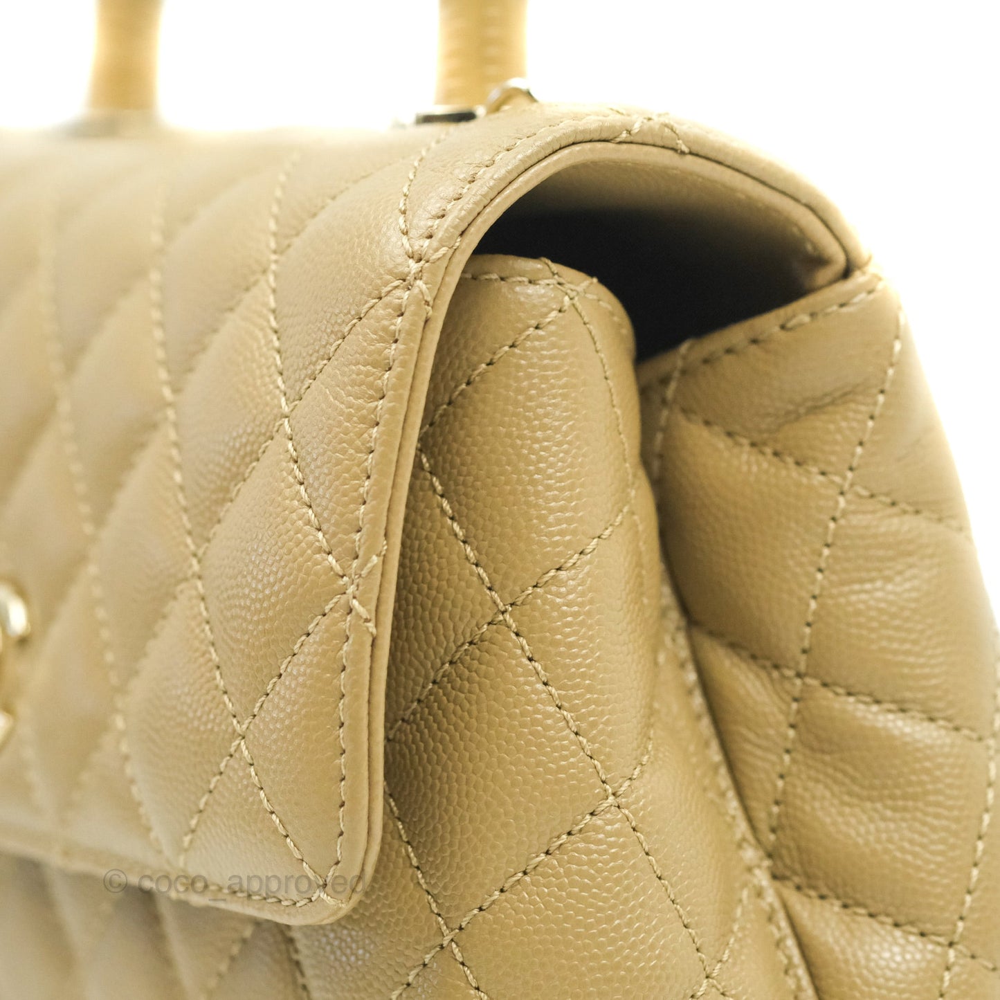 Chanel Small Coco Handle Quilted Dark Beige Caviar Gold Hardware Lizard Embossed Handle 21A