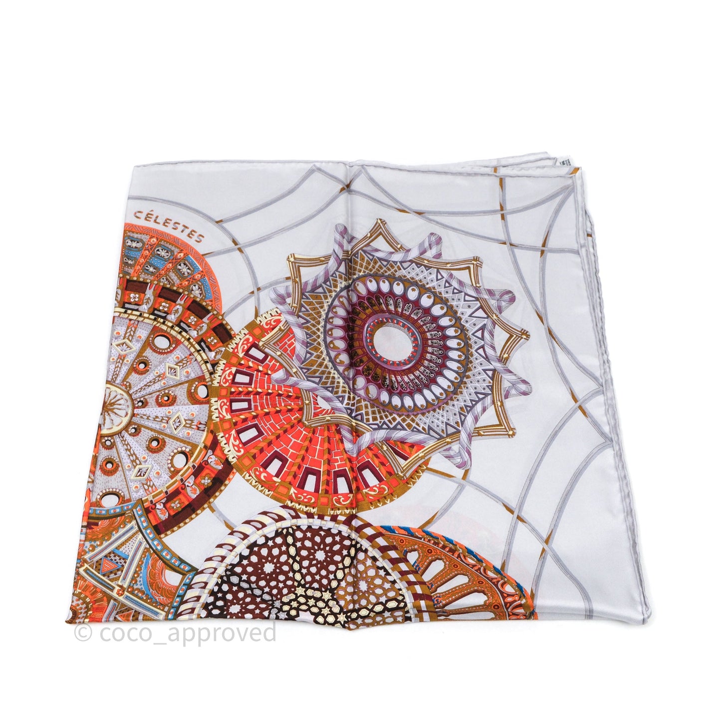 Hermes Les Domes Celestes Scarf 90 Gris Perles Orange Brun Silk Scarf