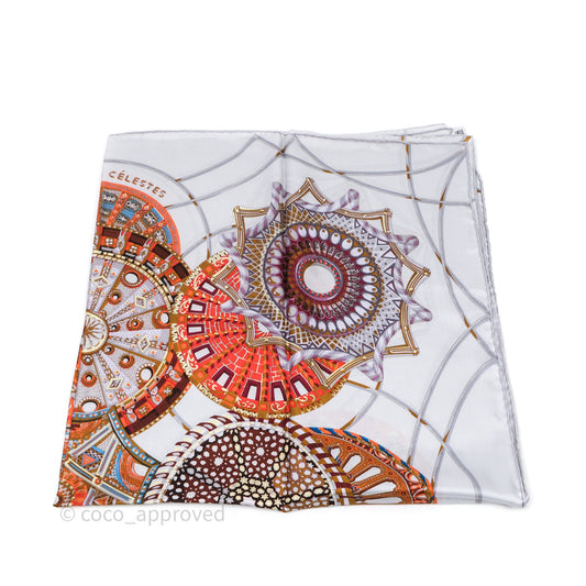 Hermes Les Domes Celestes Scarf 90 Gris Perles Orange Brun Silk Scarf