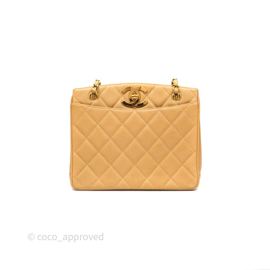 Chanel Vintage CC Quilted Tote Dark Beige Caviar 24K Gold Hardware
