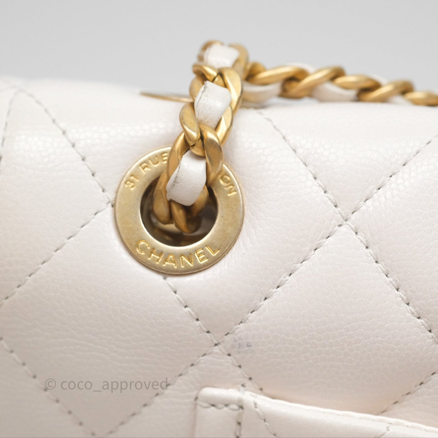 Chanel Large Quilted Sweet Classic Flap White Caviar Aged Gold Hardware