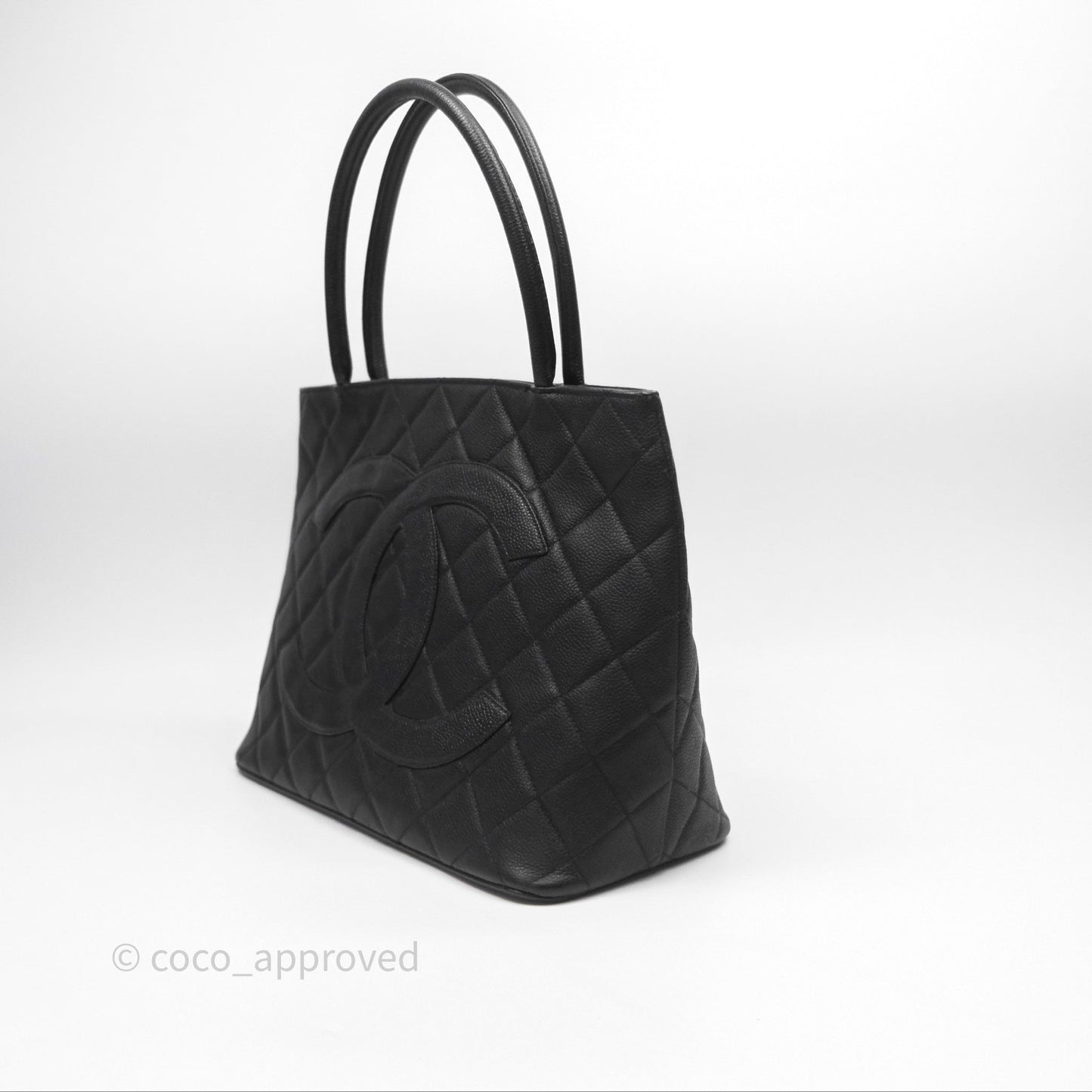 Chanel Vintage Medallion CC Black Caviar Tote Bag Gold Hardware