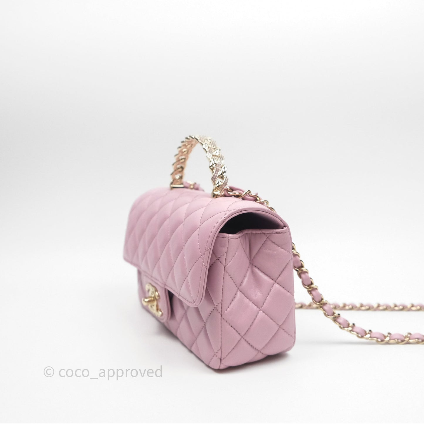 Chanel Logo Top Handle Mini Rectangular Flap Bag Pink Lambskin Gold Hardware