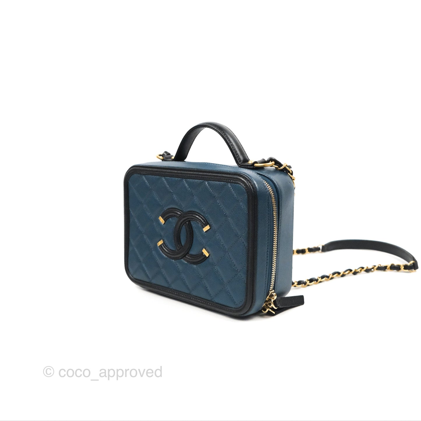 Chanel Quilted Medium CC Filigree Vanity Case Navy Black Caviar Aged Gold Hardware