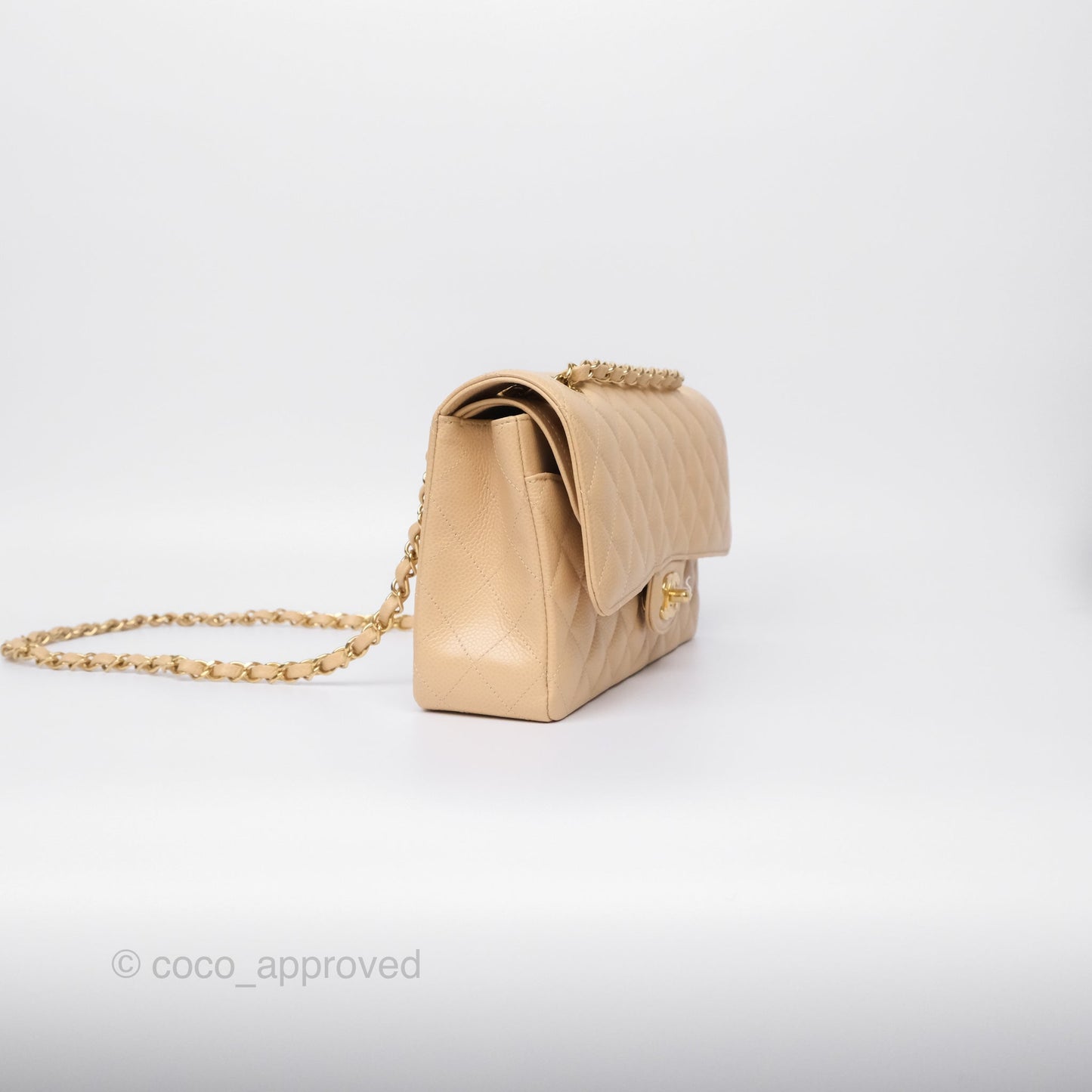 Chanel Classic M/L Medium Flap Quilted Beige Caviar Gold Hardware