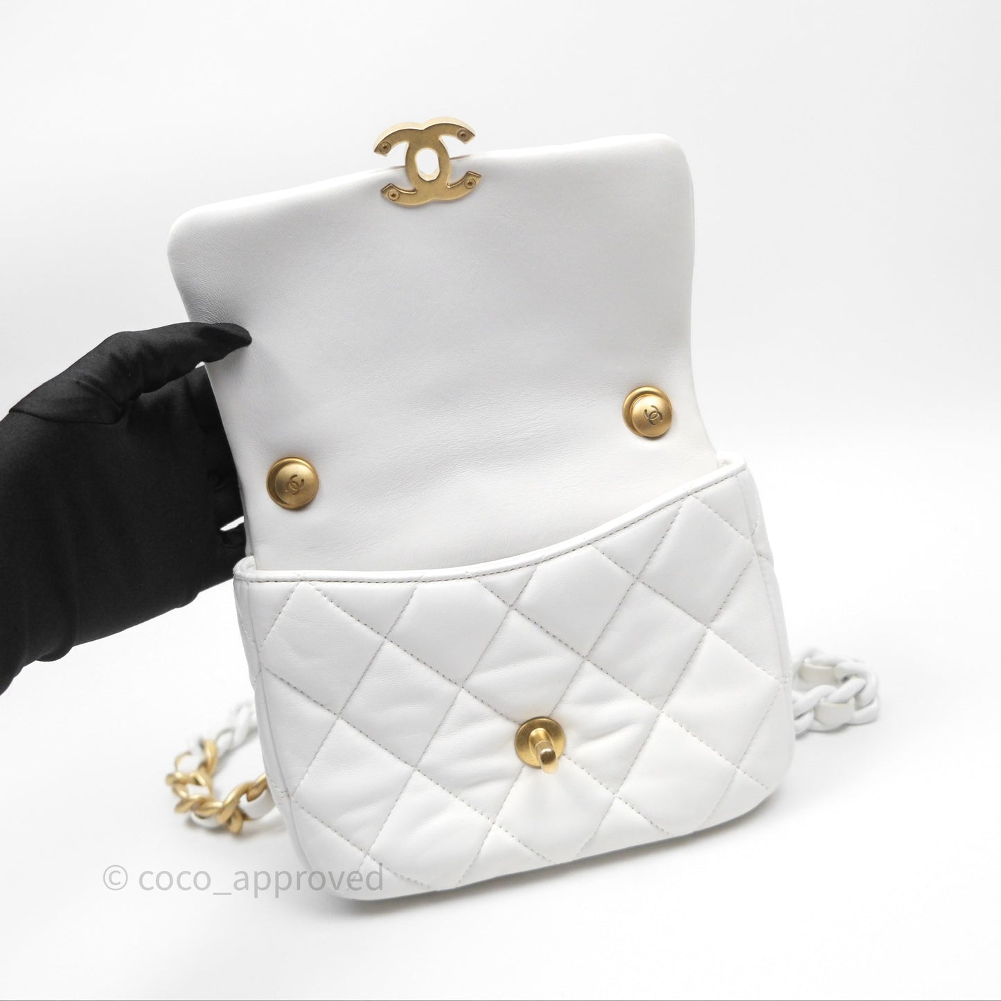 Chanel Small Flap Bag White Lambskin Aged Gold and Lacquered Metal 22S