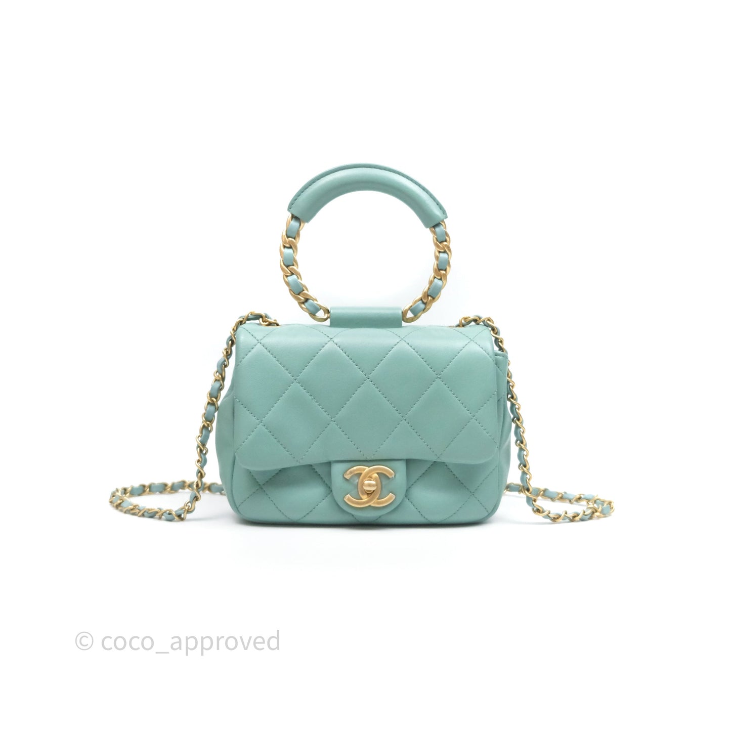 Chanel Quilted Small Circular Handle Bag Mint Green Aged Gold Hardware