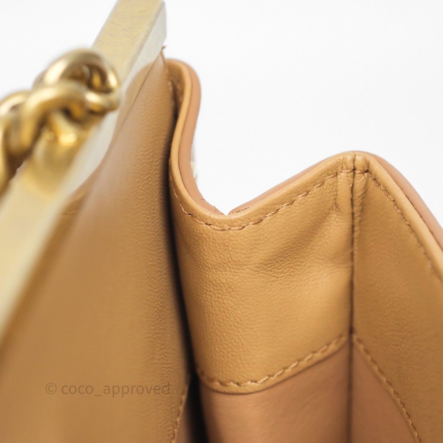 Chanel Small Coco Luxe Flap Bag Caramel Beige Calfskin Aged Gold Hardware