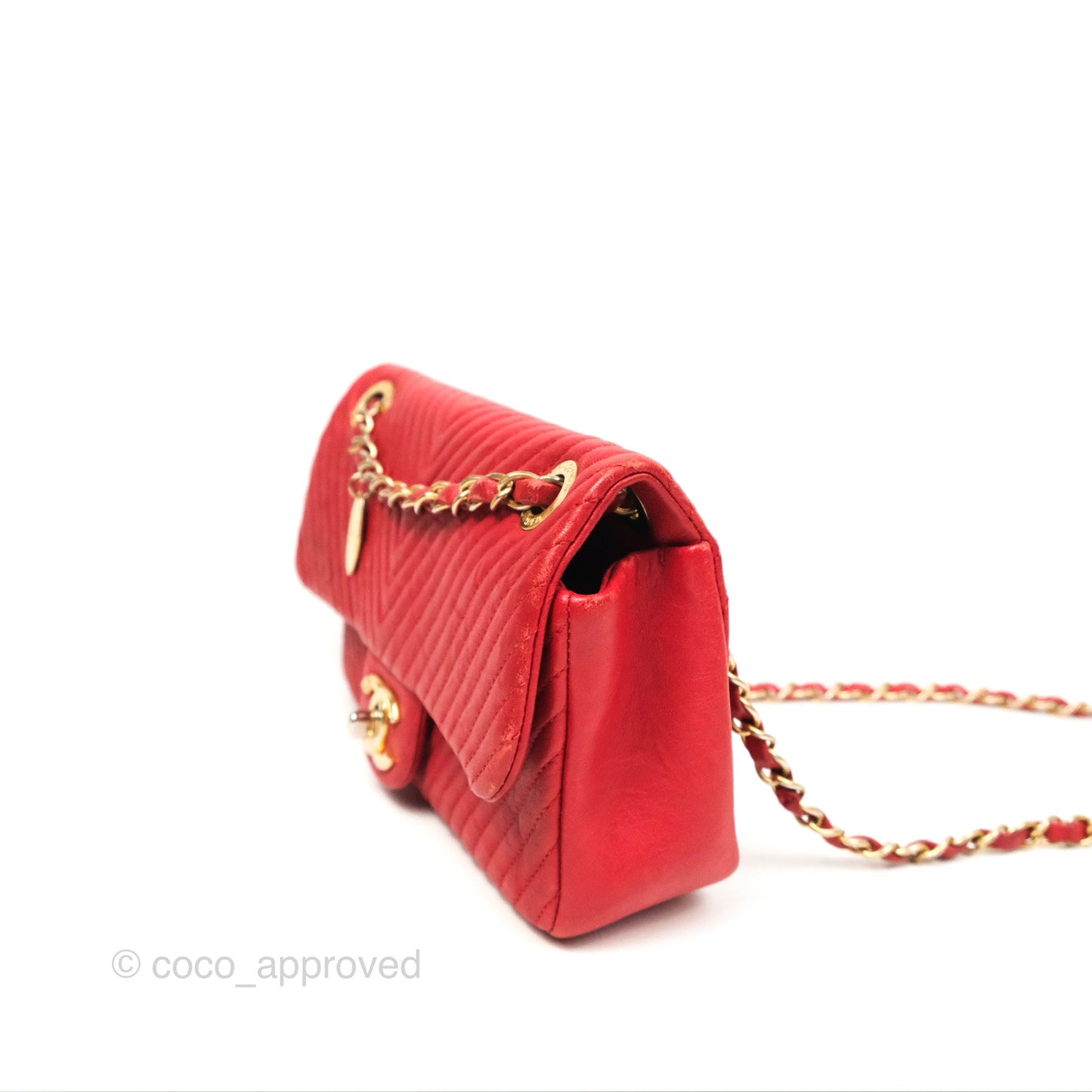 Chanel Small Chevron Surpique Flap Red Calfskin Aged Gold Hardware