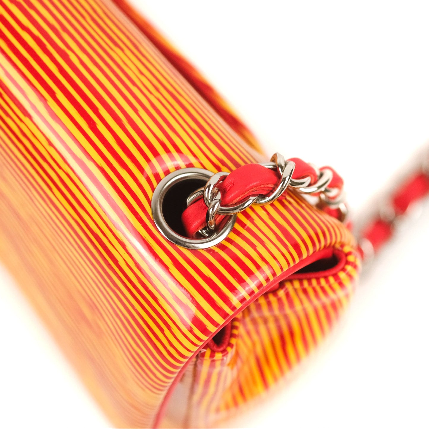 Chanel Mini Rectangular Flap Bag Orange Red Striped Patent Silver Hardware