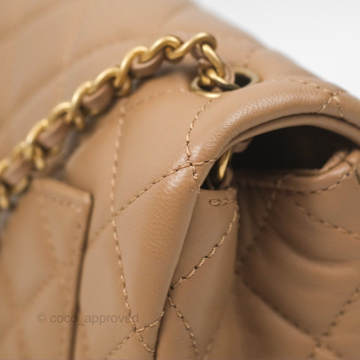 Chanel Mini Rectangular Pearl Crush Quilted Beige Lambskin Aged Gold Hardware