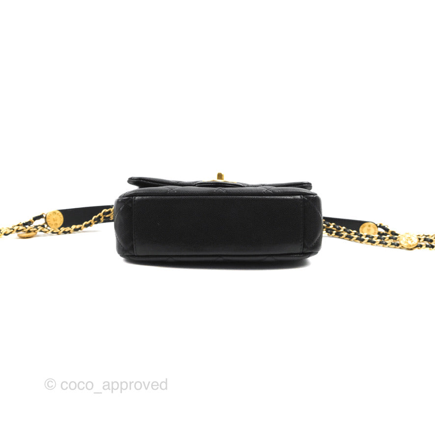 Chanel Small Flap with Coin Charm Black Caviar Aged Gold Hardware 22A