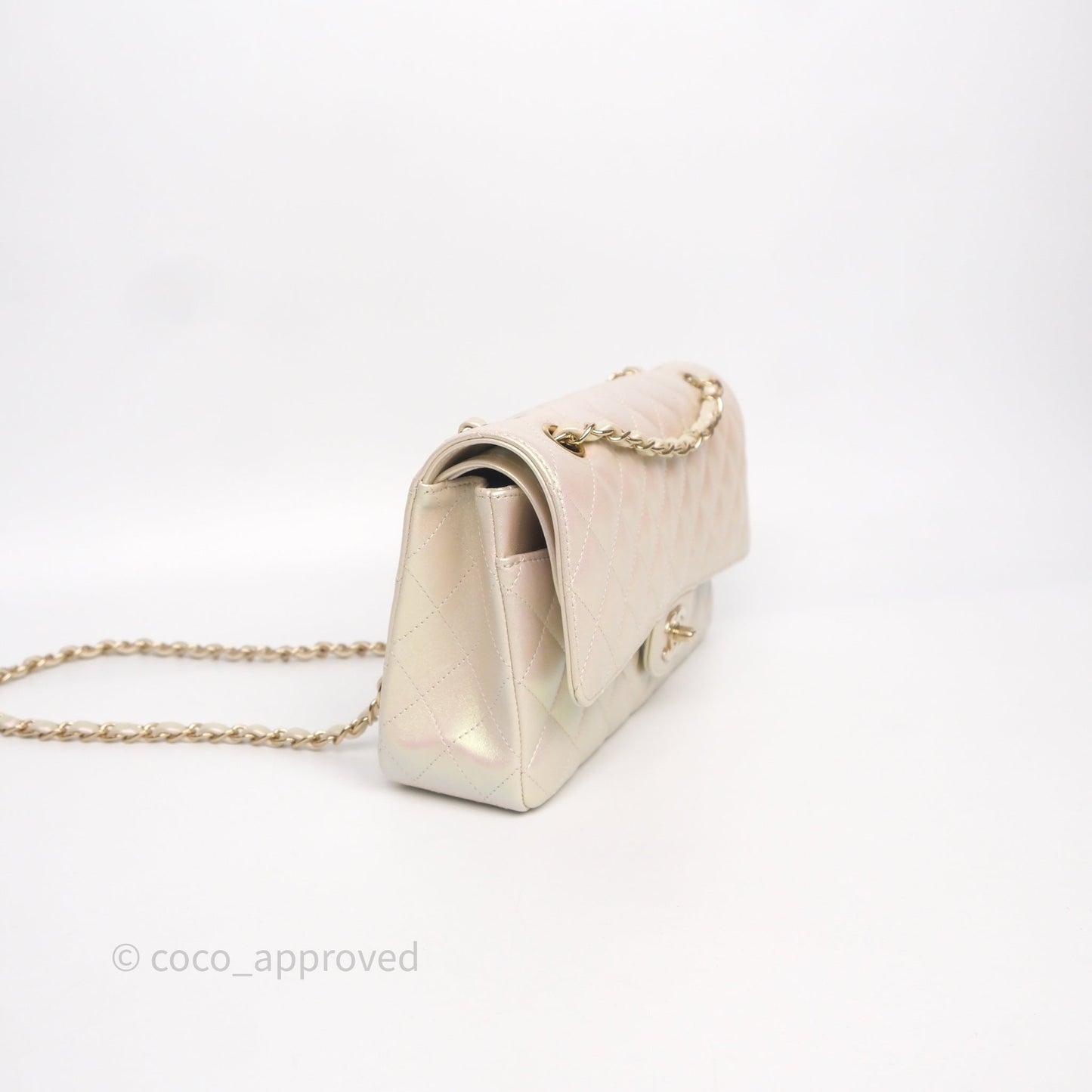 Chanel Classic Medium Double Flap Iridescent Beige Gold Hardware 21S