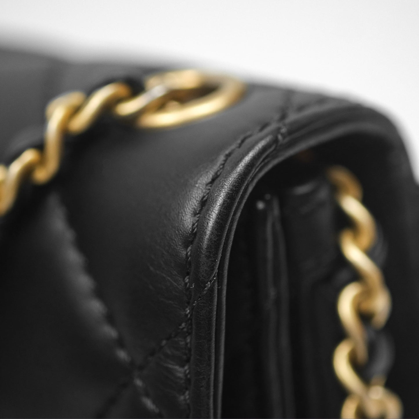 Chanel Quilted Side Chain Flap Bag Black Calfskin Aged Gold Hardware