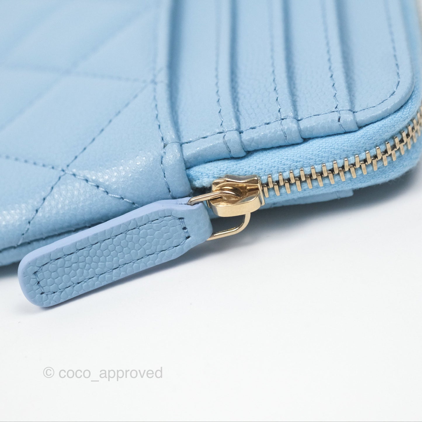 Chanel Quilted Crystal CC Zip Card Holder Wallet Light Blue Caviar Gold Hardware