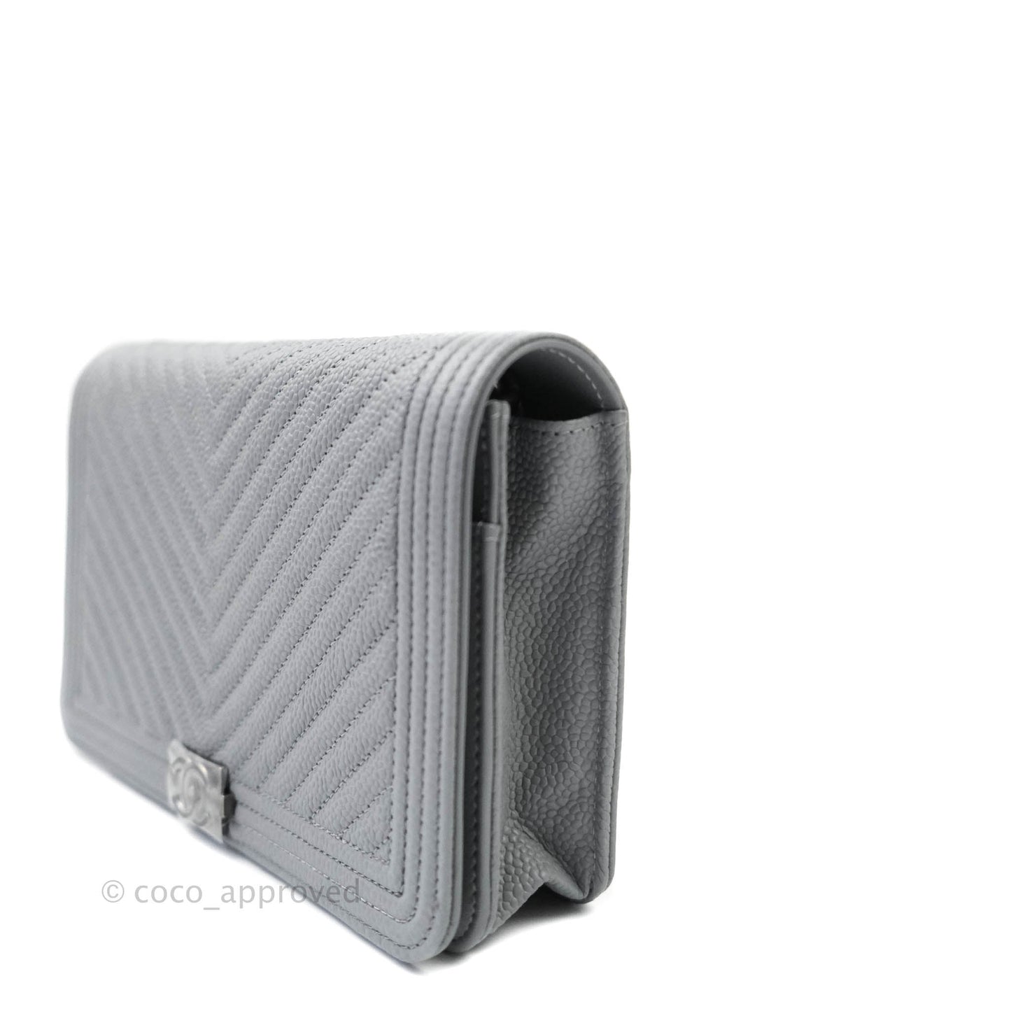 Chanel Chevron Boy Wallet on Chain WOC Grey Caviar Ruthenium Hardware